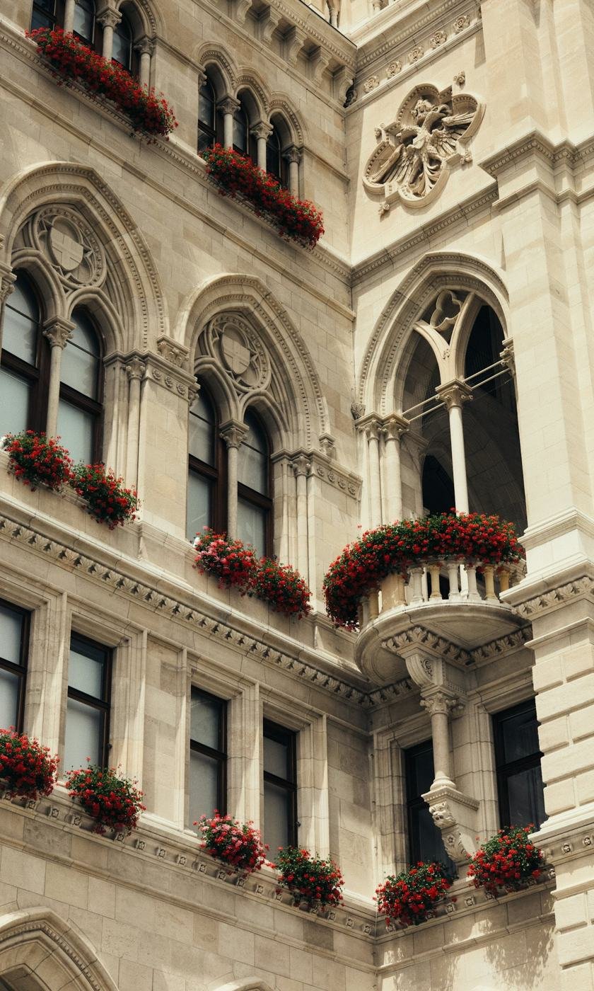 Gründerzeitfassade mit Blumen an den Fenstern